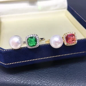 Luxury Freshwater Pearl Ring Gold Plated with Ruby and Green Gem Elegant Alloy Pearl Jewelry