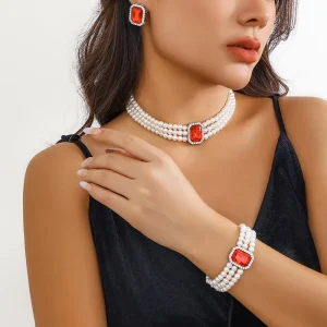 Luxury Gem Pearl Jewelry Sets for Women Girls Rhinestone Bracelet Necklace Earrings for Weddings Bridal Events