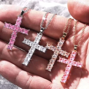 Luxury Gold Plated Setting Square Cubic Zircon Crystal Chain Cross Necklace for Women Pink White Crystal Cross Pendant Necklace