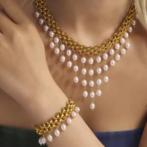 Luxury OT Clasp PVD 18k Gold Plated Rice Pearl Bracelet Necklace Stainless Steel Jewelry Sets