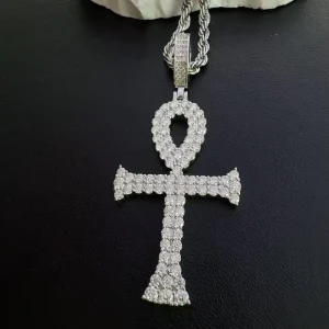 MOD04 Ankh Cross Pendant VVS Moissanite Diamond Hip Hop Charm Copper Rhodium Plated