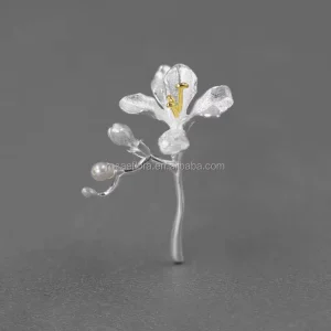 March of England Freesia Flower Brooch, 925 Sterling Silver, Freshwater Pearl