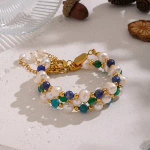 Matte Stainless Steel Natural Stone Pearl Bracelet for Women
