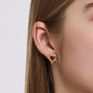 Melted Gold Frame Heart Shape Red Crystal Drop Stud Earrings for Women