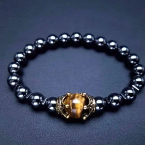 Men’s Alloy Crown Tiger Eye and Pearl Bead Bracelet with Agate Charm, Christian Style