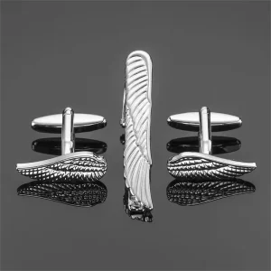 Men’s Cufflink and Tie Clip Set for Party Wedding Gift Silver Angel Wing Cufflink Accessories
