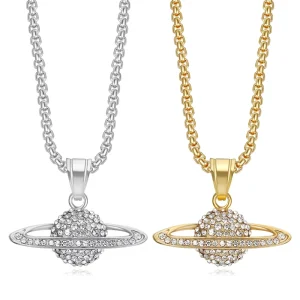 Men’s Diamond Encrusted Planet Universe Pendant Necklace 18K Gold Plated Stainless Steel