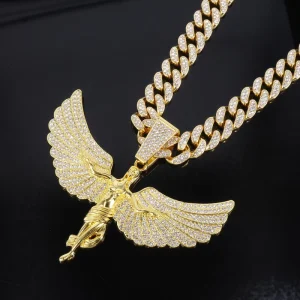 Men’s Full Diamond Rap Hip-Hop Necklace Goddess Angel Wings Alloy Pendant Cross