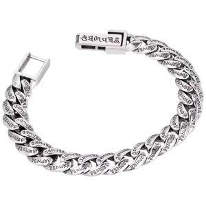 Men’s Heavy Silver Bracelet Vintage Om Mani Padme Hum Engraved Cuban Link Chain Punk Wrist Jewelry