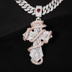 Men’s Large Two Tone Brass 18K Gold Plated Cubic Zirconia Snake Wrapped Cross Pendant Necklace
