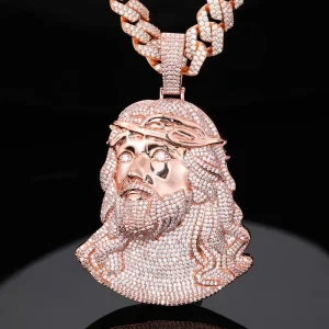 Men’s Religious Jesus Head Pendant Necklace Brass 18K Gold Plated 5A Cubic Zirconia Cuban Chain Set Christian