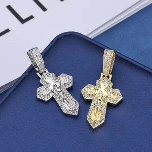 Men’s Retro Hip Hop Cross Zircon Pendant Necklace Christian Symbol