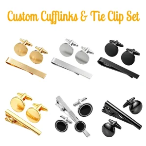 Men’s Round Cufflinks and Tie Clip Set, Multicolor, Engravable Metal, Business Formal