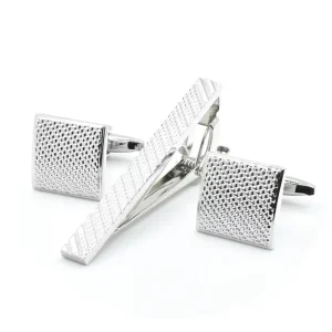 Men’s Silver Plated Metal Cufflinks and Tie Bar with Engraving Pattern Texture, Brass Main Stone, Gift Set