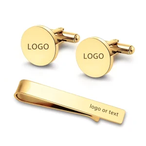 Men’s Stainless Steel Custom Logo Engraved Cufflinks and Tie Clip Set