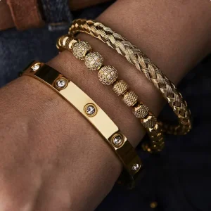Men’s Woven Pineapple Bead Zircon Three-Diamond Ball Bracelet Three-Piece Set Stainless Steel Roman Numeral Bangle