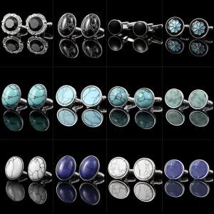 Men’s and Women’s Blue-Striped Round Alloy Shirt Cufflinks and Tie Clips