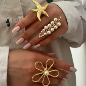 Metal Alloy Pearl Ring Gold-Plated Starfish Flower Wheat Inlay for Women and Girls