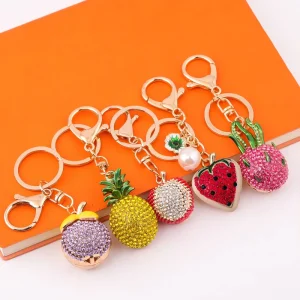 Metal Crystal Litchi Pendant Keychain Red Rhinestone Bag Charm