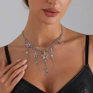 Metallic Geometric Five-Pointed Star Tassel Link Choker Necklace