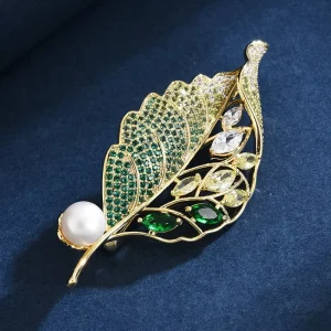 Micro-Inlaid Zircon Emerald Pearl Leaf Brooch Pin
