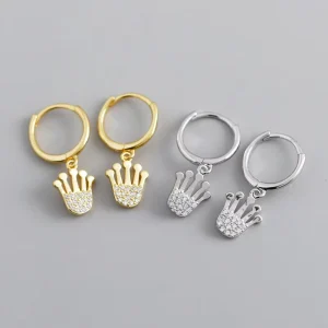 Micro Pave Zircon Crown Dangle 925 Sterling Silver Hoop Earrings for Women