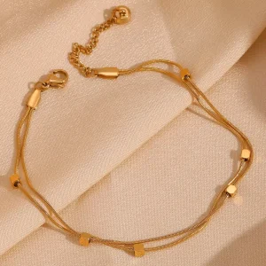 Minimalist Double-Layer Beaded Stainless Steel Snake Chain Gold Plated Anklet for Women