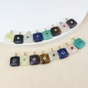 Minimalist Genuine Stone Square Shape Pendant Gold Plated Natural Color Stone Rose Quartz Citrine Charm CZ Pendant