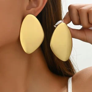 Minimalist Large Smooth Oval Concave Alloy Stud Earrings for Women