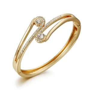 Minimalist Twin Swirl Round Rhinestone Bracelet Slim Gold Plated Statement Bangle