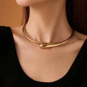 Minimalist Water Drop Open Collar Women’s Torque Necklace with Bamboo Chain