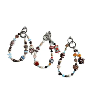 Mixed Resin Wood Bead Alloy Beaded Keychain with Coin Holder