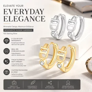 Moissanite Bezel Huggie Hoop Earrings 925 Silver D Color