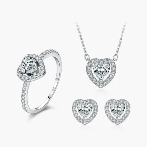 Moissanite Bridal Jewelry Set 925 Sterling Silver Halo Earrings Heart Pendant Necklace Rings for Women