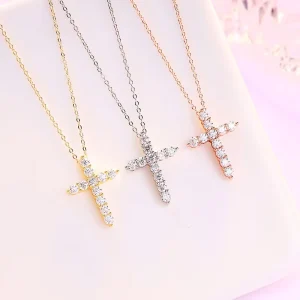 Moissanite Cross Clavicle Pendant Necklace 925 Silver 4-Prong Cable Chain 2g Women’s