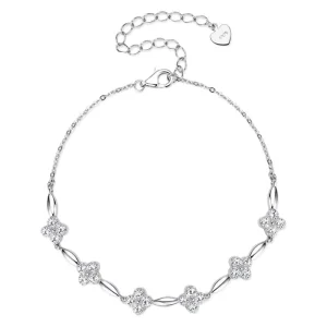Moissanite Flower Four-Leaf Clover 925 Sterling Silver Plated Chain Link Bracelet