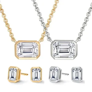 Moissanite Jewelry Set S925 Silver Edge Inlaid Pendant Necklace Earrings Gold and Silver Two Tone Women’s Boutique Jewelry