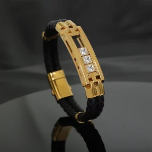 Moissanite Men’s Leather Bracelet Polished Stainless Steel 6mm Diamond Inlay Movable
