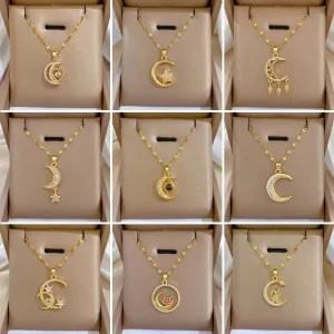 Moon Star Diamond Pendant Necklace Multi Style Stainless Steel Waterproof Anti Allergy for Daily Wear Party