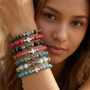 Multi-Color Natural Stone Geometric Metal Catholic Cross Charm Bead Bracelet Hand Rope