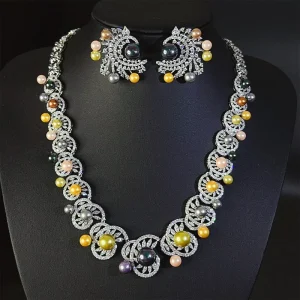 Multi-Colored Pearl Necklace and Earring Set with Zircon Patterns, Platinum or Gold Plated