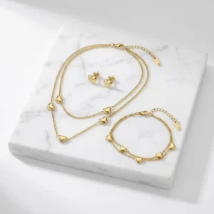 Multi Heart Charm Jewelry Set Stainless Steel PVD Gold Plated Necklace Earring Bracelet Tarnish Free For Women