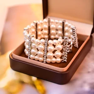 Multi-Layer Beaded Bracelet with White Glass Pearl and Twining Spiral Geometric Gems