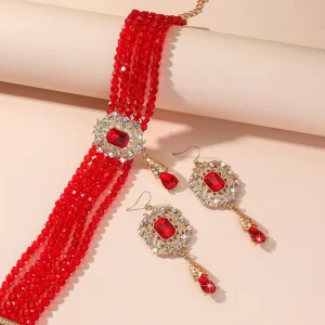 Multi-Layered Crystal Glass Chain Necklace Earrings Jewelry Set Indian Bridal Necklace