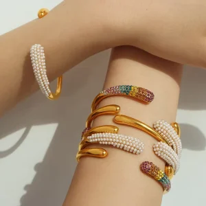Multi Layered Stainless Steel Bangle Radiant Pearl and Colorful Crystal Bracelet for Chic Party