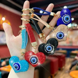 Multicolor Diamond Heart Evil Eye Keychain with Crystal Handbag Charm