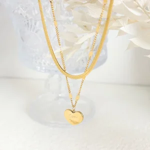 Multilayer Love Stainless Steel 18K Gold-Plated Heart Letter Pendant Necklace