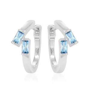 Natural 925 Sterling Silver Rhodium-Plated Sky Blue Zircon Hoop Earrings