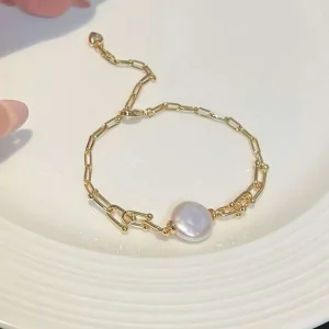 Natural AAAA Grade Baroque Freshwater Pearl Charm Bracelet 18K Gold Platinum Black Rhodium Plating Horseshoe Design