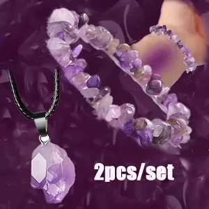 Natural Amethyst Chips Bracelet and Necklace Jewelry Set for Women